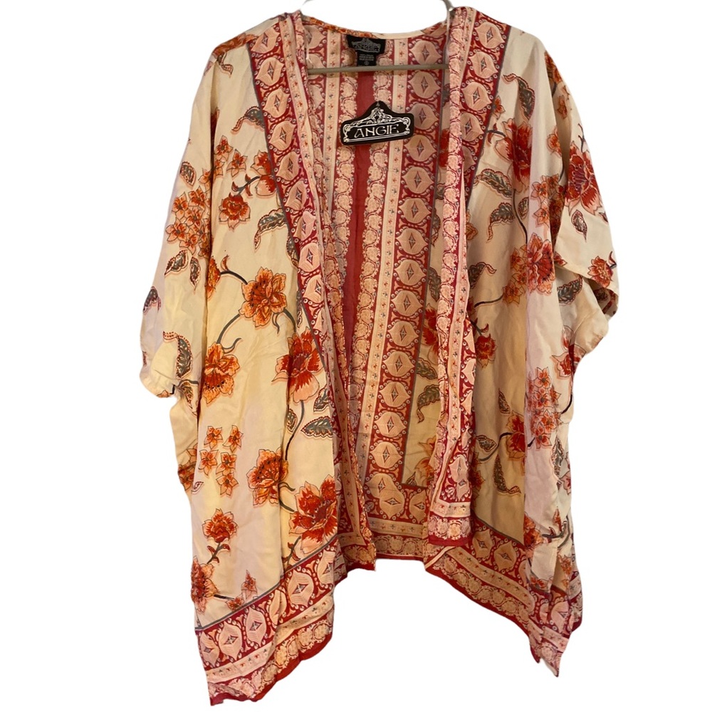 Angie Floral Coral Kimono Duster Cardigan Cover Up NWT